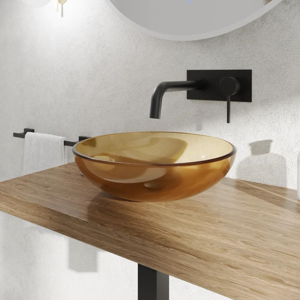 Lavabo da appoggio in vetro trasparente 39,5x39,5x14 cm color giallo | Aurea Lavabo da appoggio in vetro trasparente 39,5x39,5x14 cm color giallo | Aurea