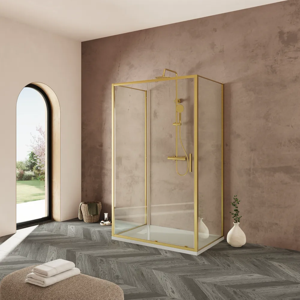 Box doccia tre lati 70x150x70cm con porta scorrevole profili oro spazzolato vetro 6mm trasparente anticalcare h190| Portofino Box doccia tre lati 70x150x70cm con porta scorrevole profili oro spazzolato vetro 6mm trasparente anticalcare h190| Portofino
