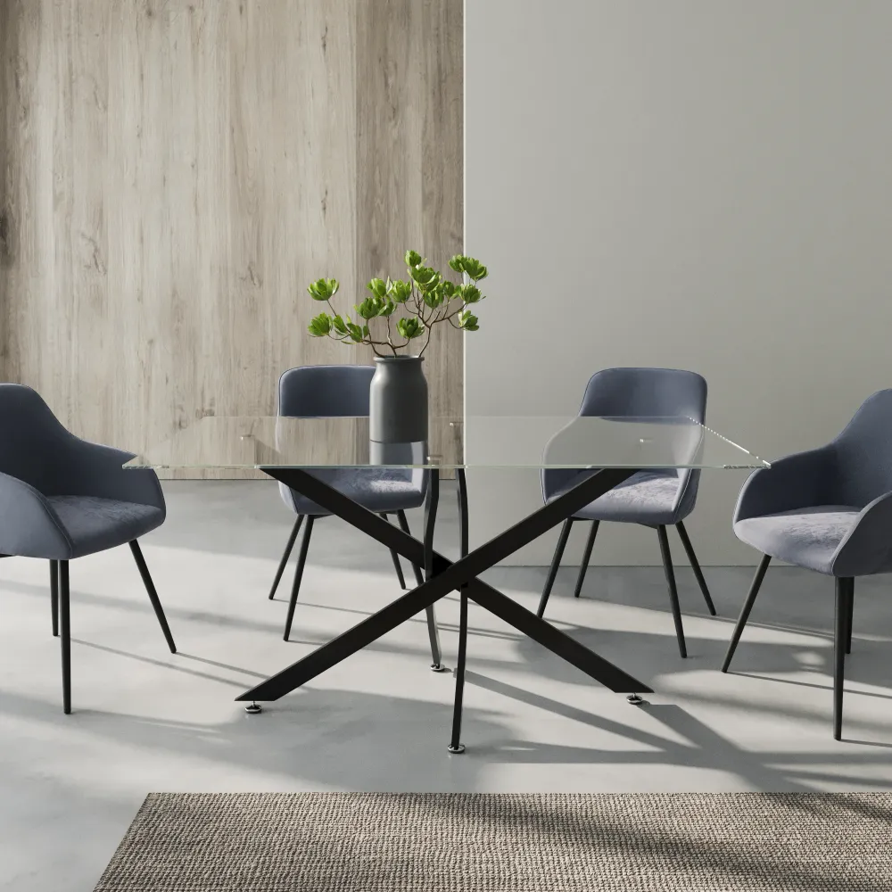 Tavolo rettangolare 160x90cm top in vetro temperato trasparente 10mm e gambe incrociate in acciaio nero | Harald
