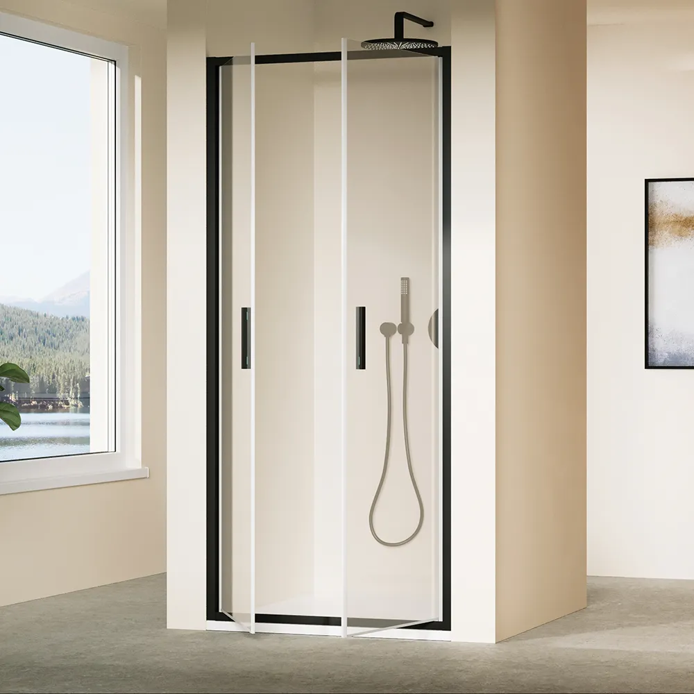 Porta doccia 90cm con apertura saloon profili slim nero opaco vetro 6mm trasparente h190 | Portofino Porta doccia 90cm con apertura saloon profili slim nero opaco vetro 6mm trasparente h190 | Portofino