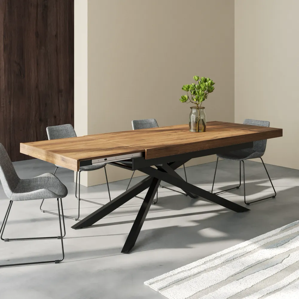 Tavolo allungabile a farfalla 180-240x90cm top in MDF rovere scuro e gambe incrociate in acciaio nero | Jarl Tavolo allungabile a farfalla 180-240x90cm top in MDF rovere scuro e gambe incrociate in acciaio nero | Jarl