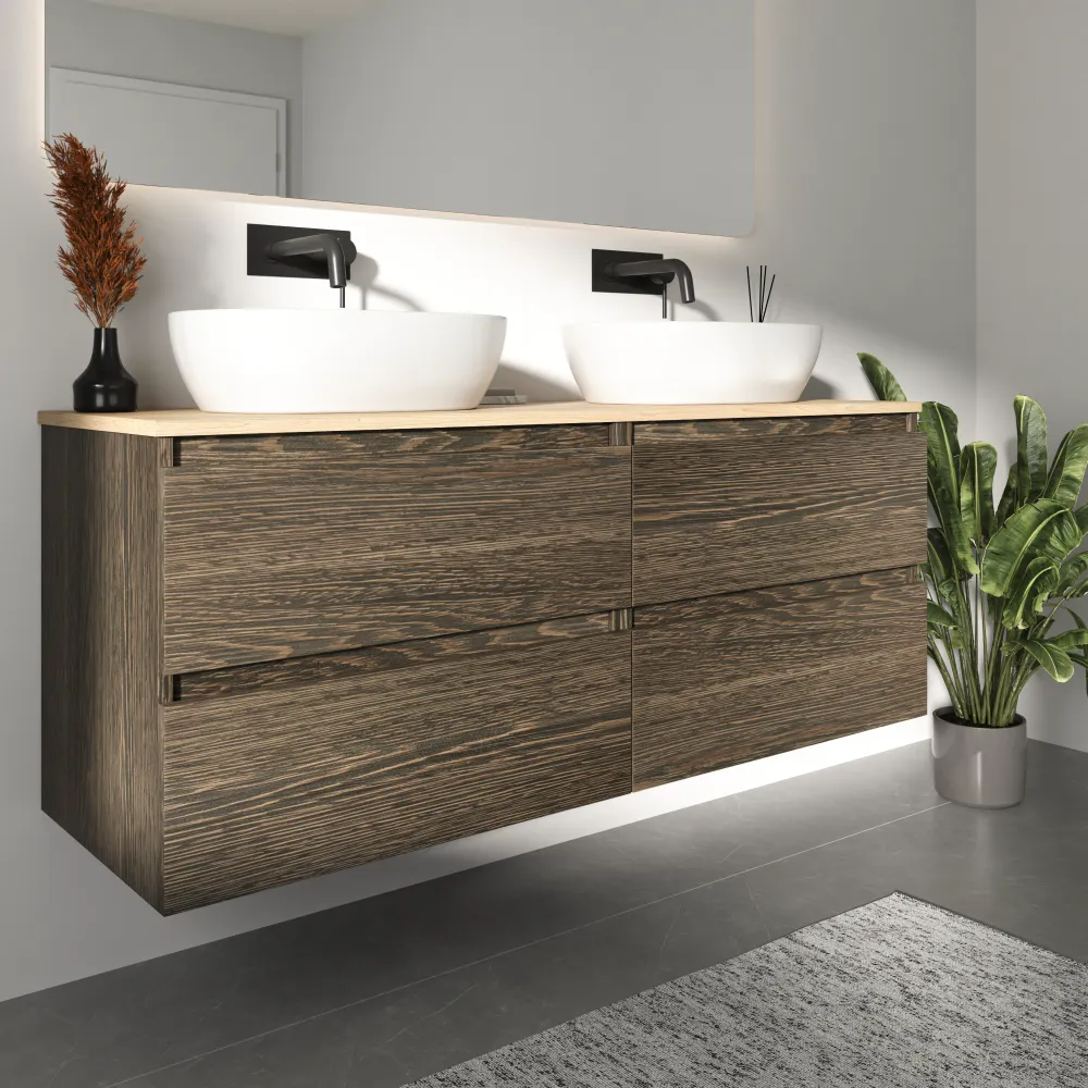 Mobile bagno sospeso 140cm quattro cassetti rovere scuro con top rovere chiaro | Hexa Mobile bagno sospeso 140cm quattro cassetti rovere scuro con top rovere chiaro | Hexa