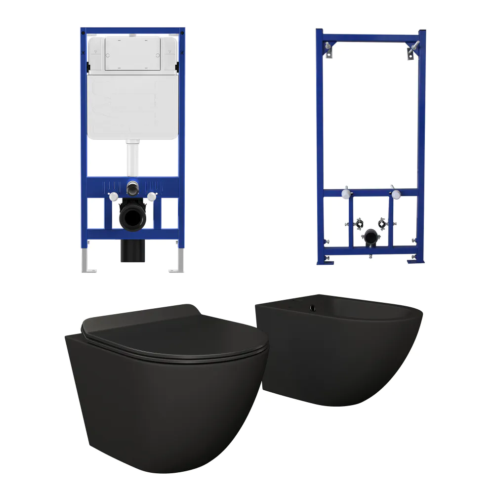 Kit coppia sanitari sospesi WC e bidet con sistema di scarico da incasso e telaio per bidet mod. Parigi nero opaco Kit coppia sanitari sospesi WC e bidet con sistema di scarico da incasso e telaio per bidet mod. Parigi nero opaco