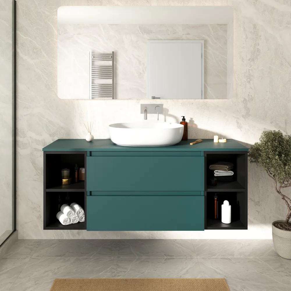 Mobile bagno sospeso 140cm due cassetti con top petrol e due vani a giorno nero opaco | Hexa Mobile bagno sospeso 140cm due cassetti con top petrol e due vani a giorno nero opaco | Hexa