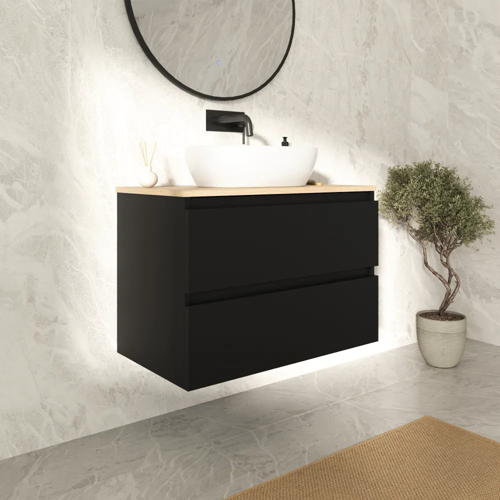 Mobile bagno sospeso 80cm due cassetti nero opaco con top rovere chiaro | Hexa