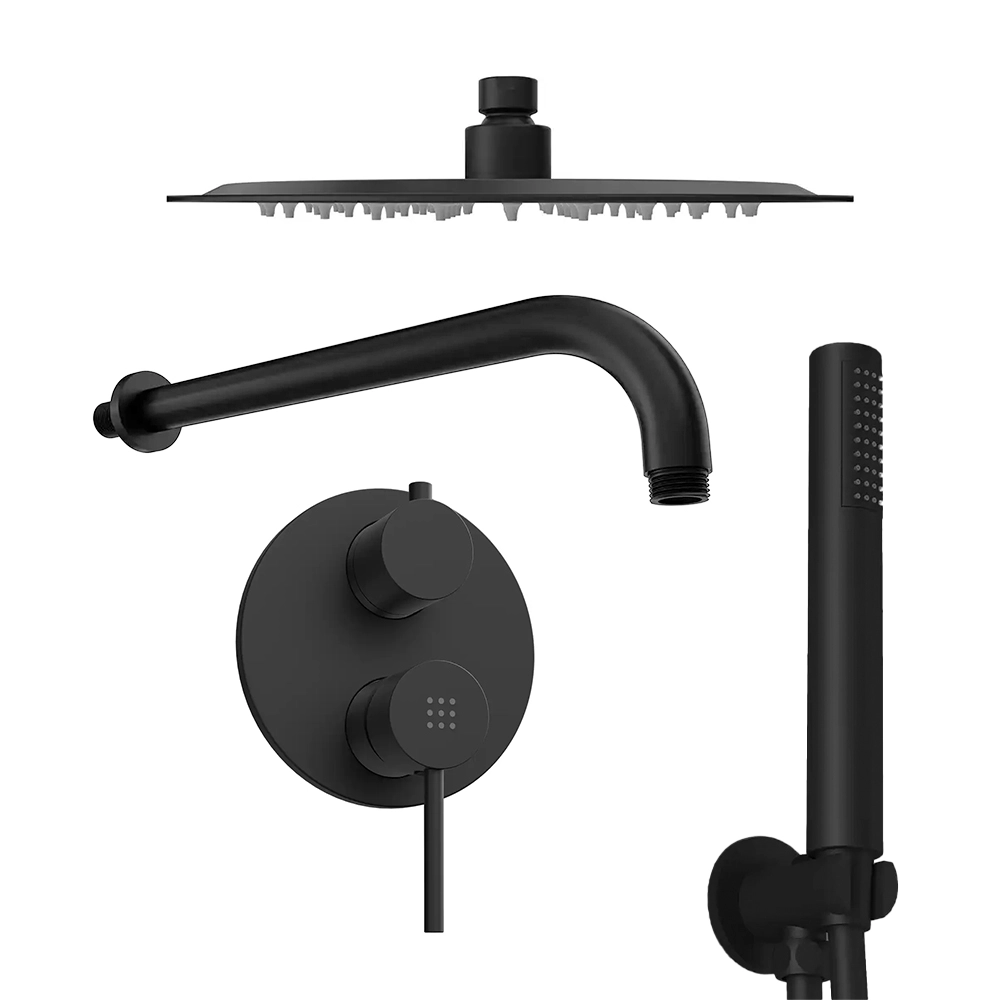 Set doccia tondo nero opaco - Miscelatore incasso 2 vie, braccio 40cm, soffione 30cm e doccino Set doccia tondo nero opaco - Miscelatore incasso 2 vie, braccio 40cm, soffione 30cm e doccino