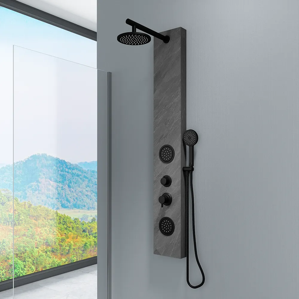 Pannello doccia 150x22cm in acciaio inox effetto cemento a 3 funzioni con doccino e flessibile | Bigar Pannello doccia 150x22cm in acciaio inox effetto cemento a 3 funzioni con doccino e flessibile | Bigar