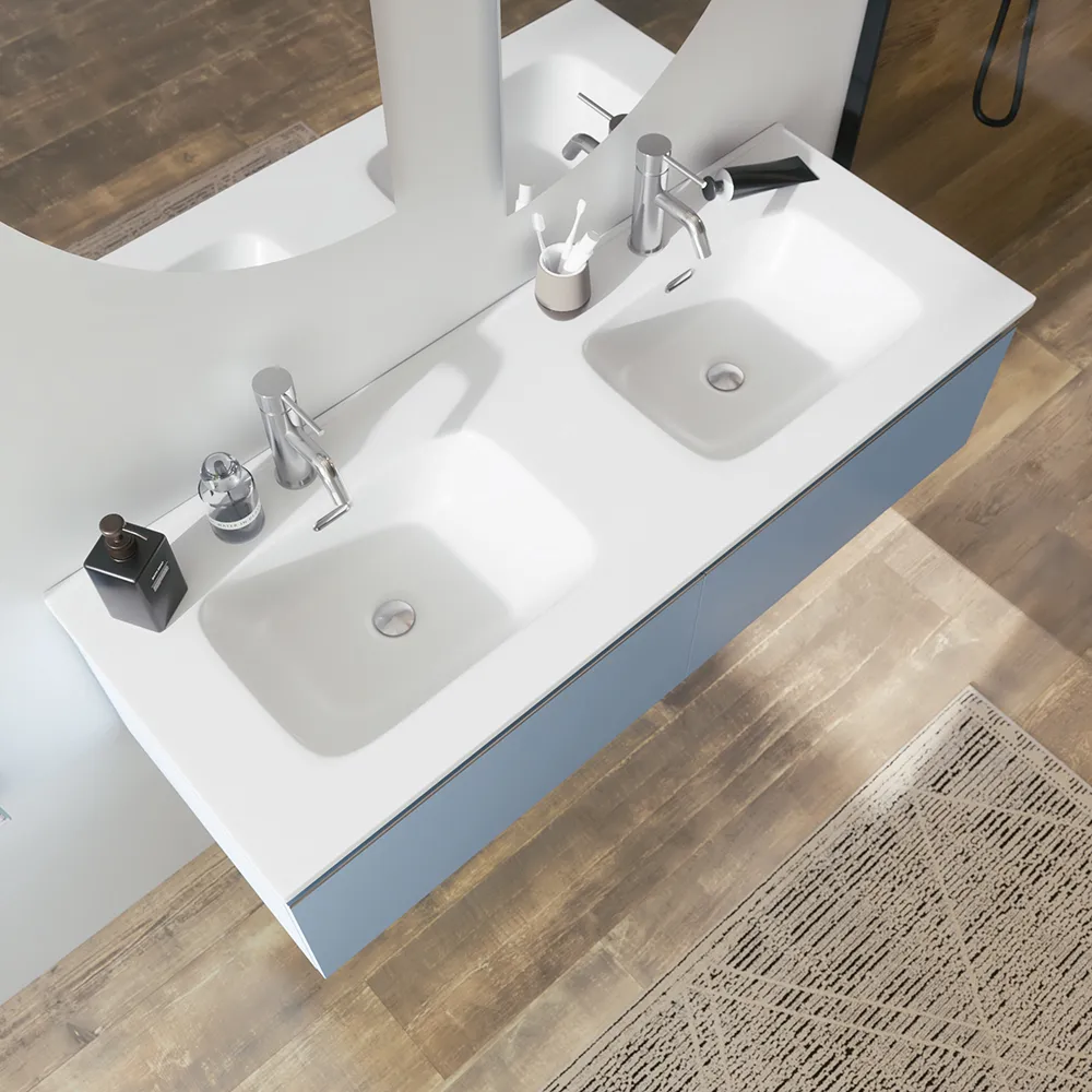 Mobile bagno sospeso 120cm con lavabo doppia vasca in ceramica blu pastello opaco | Darwin Mobile bagno sospeso 120cm con lavabo doppia vasca in ceramica blu pastello opaco | Darwin