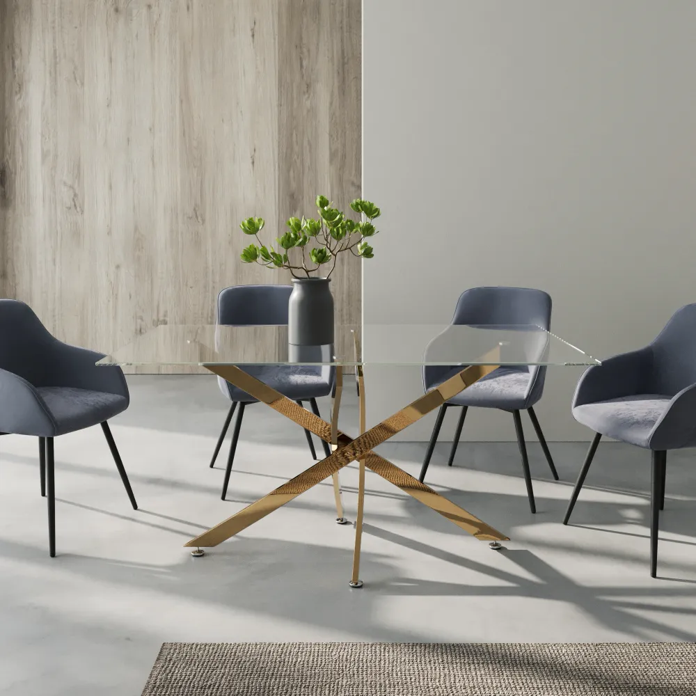 Tavolo rettangolare 160x90cm top in vetro temperato trasparente 10mm e gambe incrociate in acciaio dorato | Harald Tavolo rettangolare 160x90cm top in vetro temperato trasparente 10mm e gambe incrociate in acciaio dorato | Harald