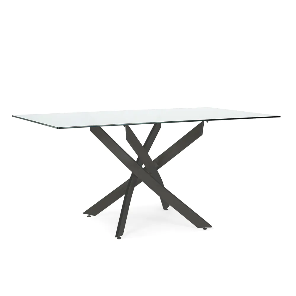 Tavolo rettangolare 160x90cm con top in vetro 8mm trasparente e gambe incrociate in acciaio nero | George