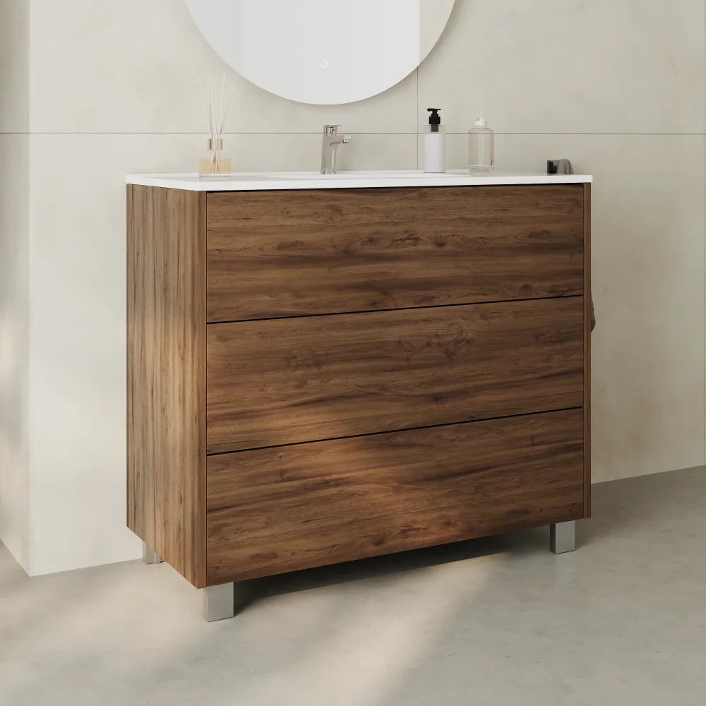 Mobile bagno a terra 100cm tre cassetti push&pull rovere barok con lavabo bianco lucido | Yaku Mobile bagno a terra 100cm tre cassetti push&pull rovere barok con lavabo bianco lucido | Yaku