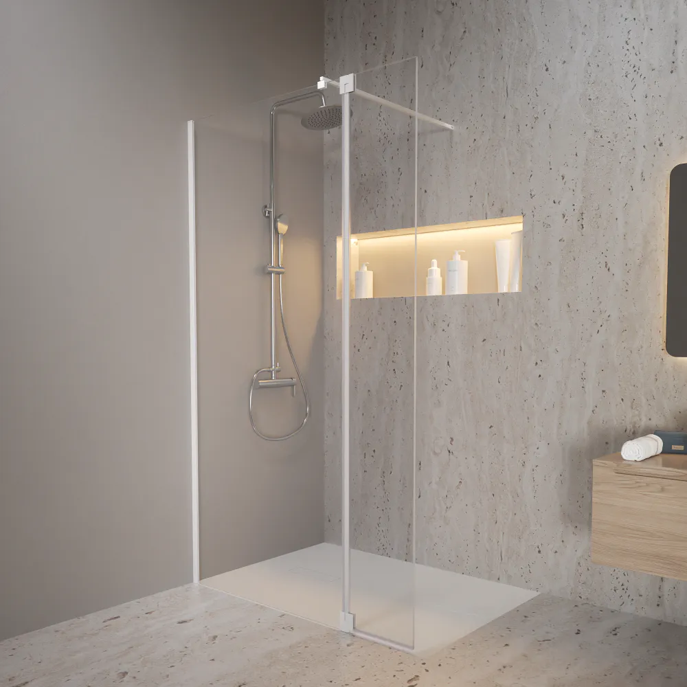 Doccia walk-in 100cm + anta girevole 30cm vetro 8mm trasparente anticalcare profili bianchi h200 | Keros