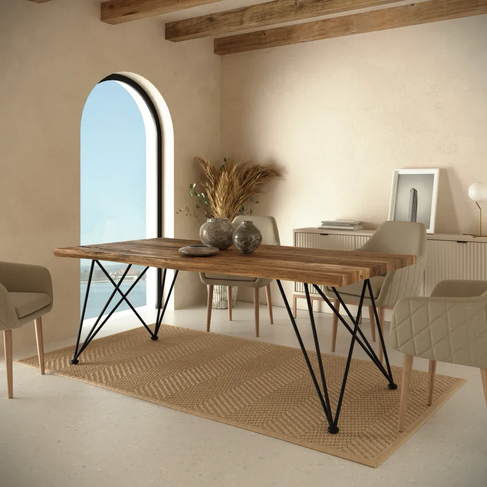 Tavolo rettangolare 180x90cm top in MDF 50mm effetto legno scuro e gambe in acciaio nero | Bersi