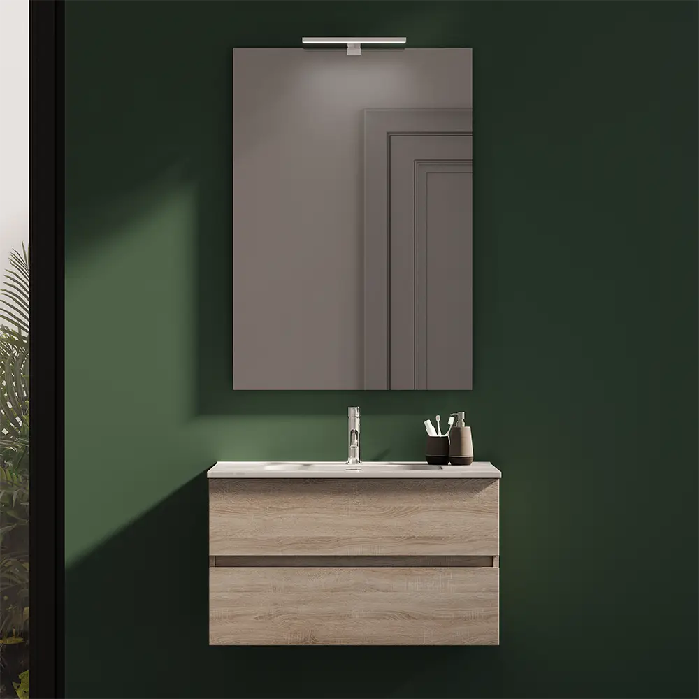 Mobile da bagno sospeso 80 cm rovere chiaro con lavabo e specchio | Yili Mobile da bagno sospeso 80 cm rovere chiaro con lavabo e specchio | Yili