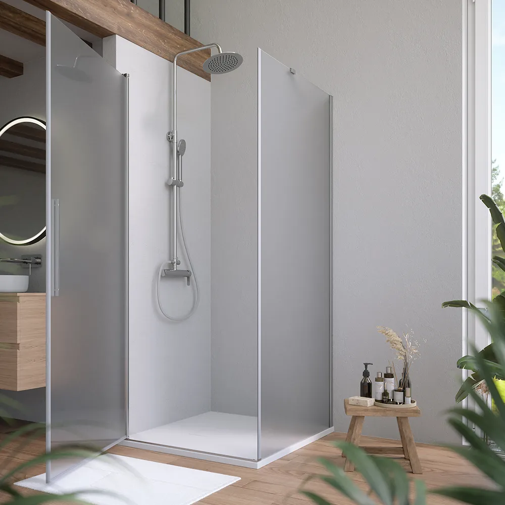 Box doccia 70x70cm con apertura a battente e parete fissa, profili cromati e vetro da 6mm opaco h195 | Elba Box doccia 70x70cm con apertura a battente e parete fissa, profili cromati e vetro da 6mm opaco h195 | Elba