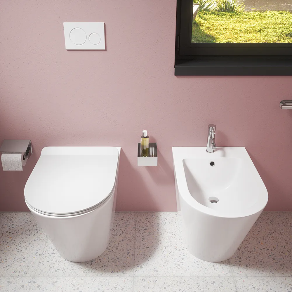 Sanitari filomuro in ceramica bianco lucido vaso tornado silent flush sedile soft-close e bidet | Rio Sanitari filomuro in ceramica bianco lucido vaso tornado silent flush sedile soft-close e bidet | Rio