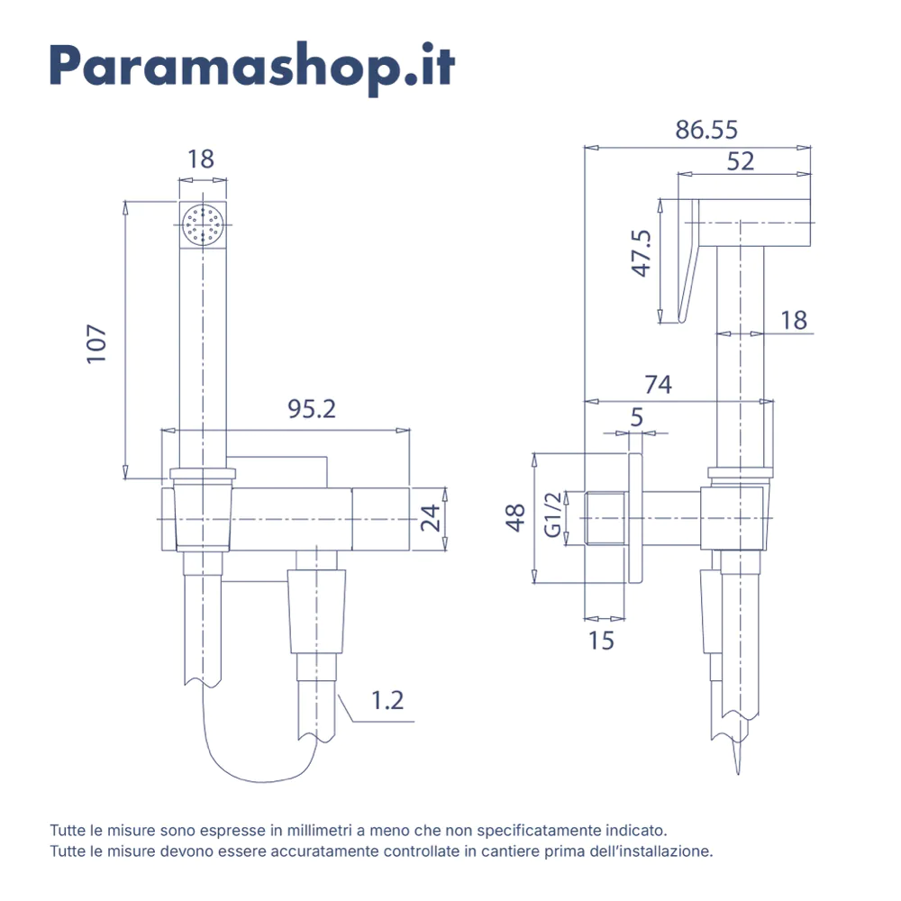 Idroscopino quadrato in ottone nero opaco con rubinetto di arresto e flessibile 120cm