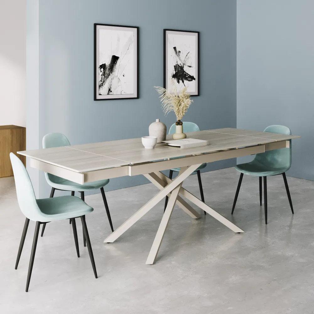 Tavolo allungabile 160-240x90cm top in ceramica effetto travertino e gambe in acciaio beige | Helmi Tavolo allungabile 160-240x90cm top in ceramica effetto travertino e gambe in acciaio beige | Helmi