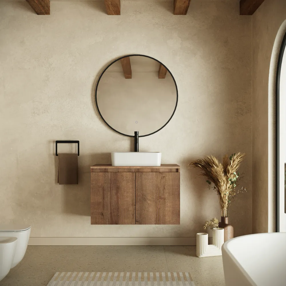 Mobile bagno sospeso 60cm rovere scuro cannettato 2 ante con top | Pelion
