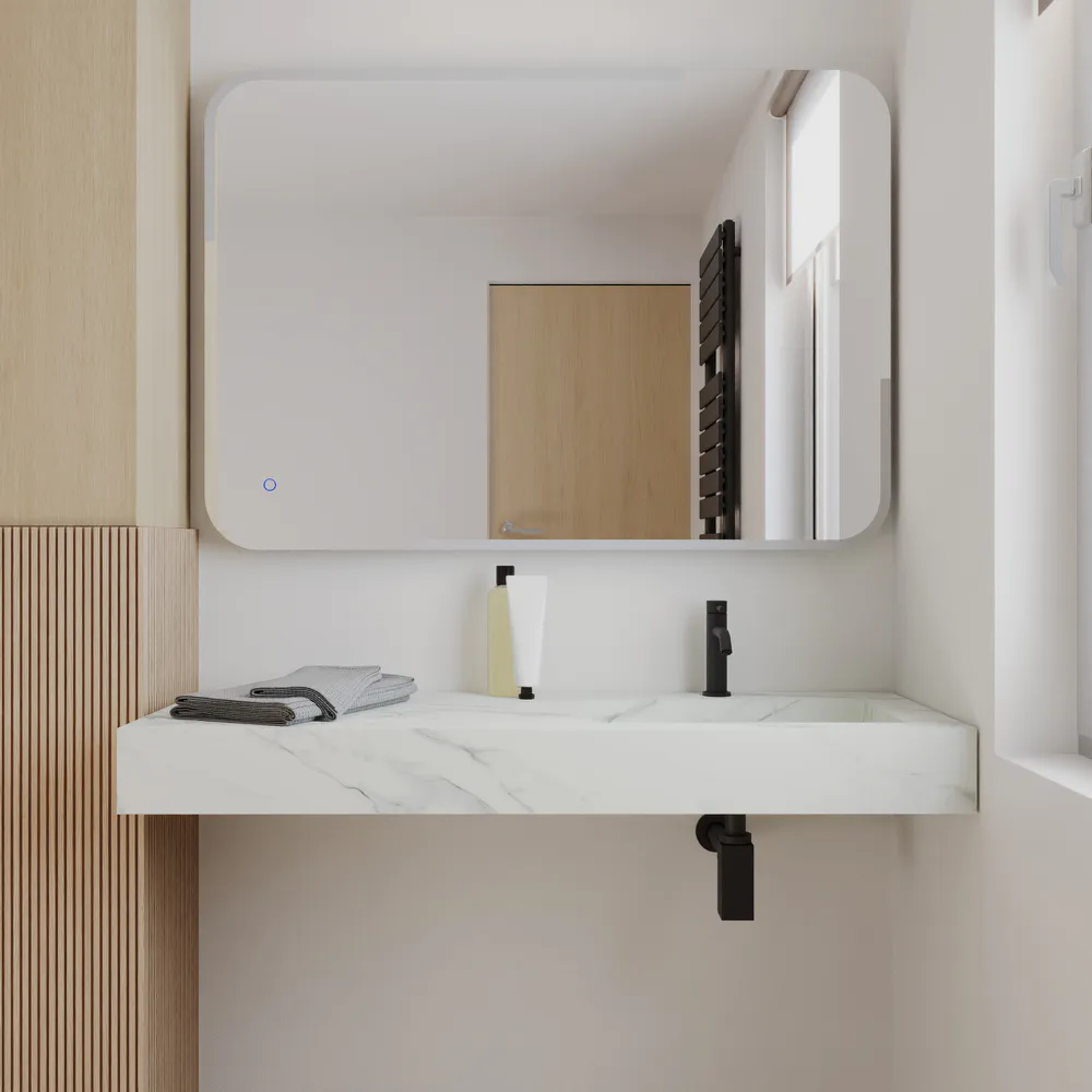 Lavabo sospeso con vasca a destra in hpl 120cm calacatta bianco | Ledro Lavabo sospeso con vasca a destra in hpl 120cm calacatta bianco | Ledro