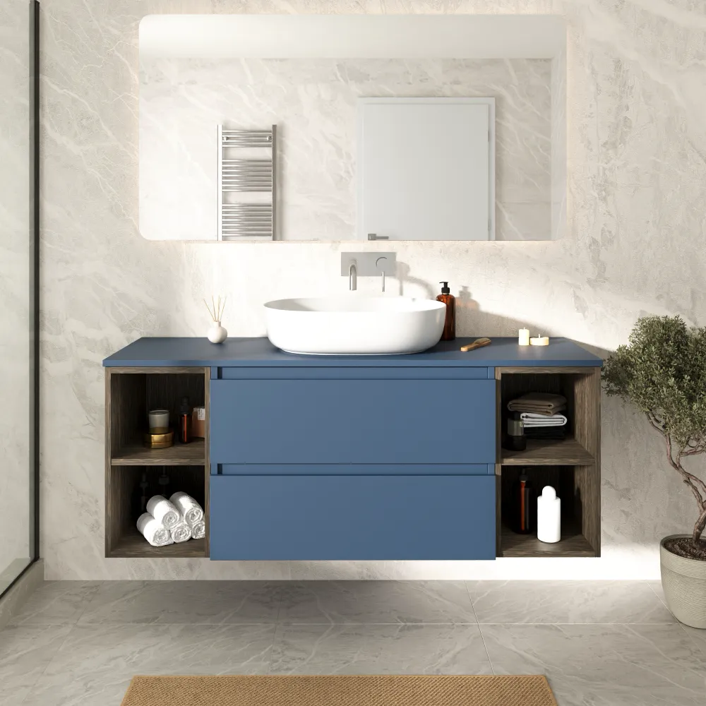 Mobile bagno sospeso 140cm due cassetti con top alby blue e due vani a giorno rovere vintage wenge | Hexa Mobile bagno sospeso 140cm due cassetti con top alby blue e due vani a giorno rovere vintage wenge | Hexa