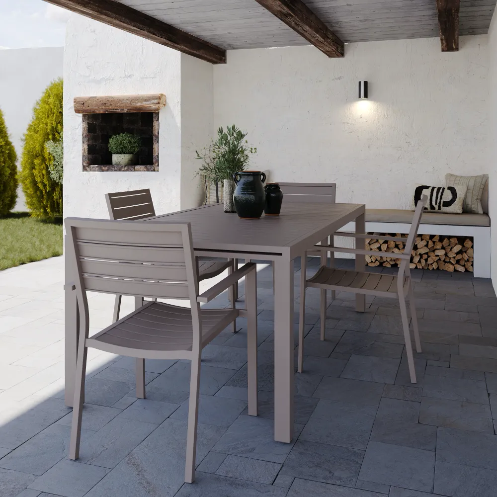 Set da esterno tortora con tavolo allungabile 200/300x75cm e 4 sedie in alluminio | Zenor Set da esterno tortora con tavolo allungabile 200/300x75cm e 4 sedie in alluminio | Zenor