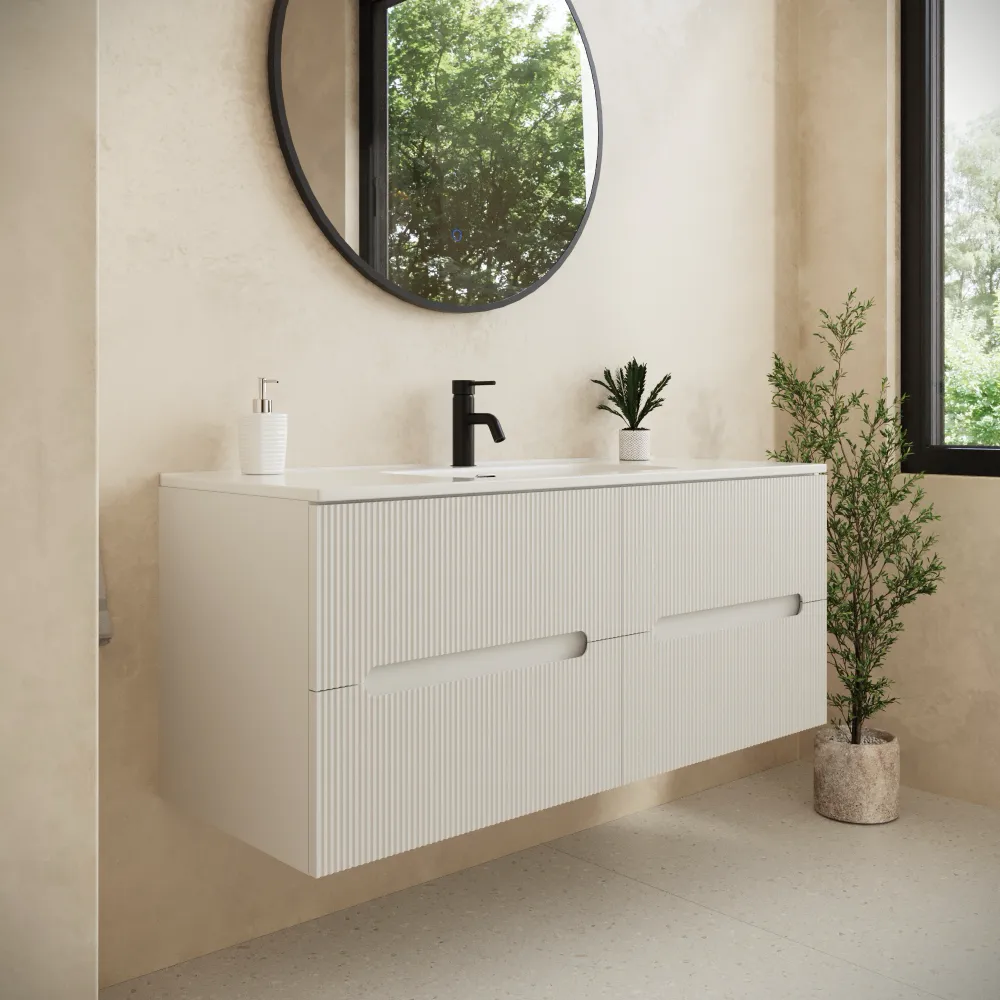 Mobile bagno sospeso 120cm quattro cassetti bianco opaco cannettato con lavabo | Tigua