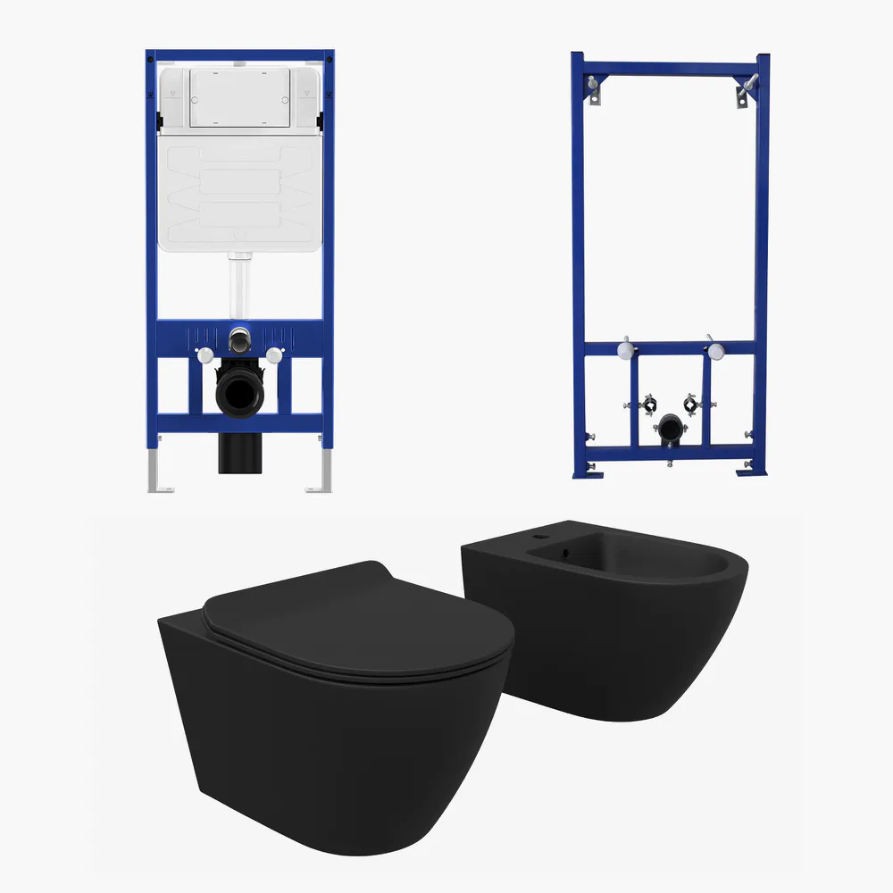 Kit coppia sanitari sospesi WC e bidet con sistema di scarico da incasso e telaio per bidet mod. Sydney nero opaco