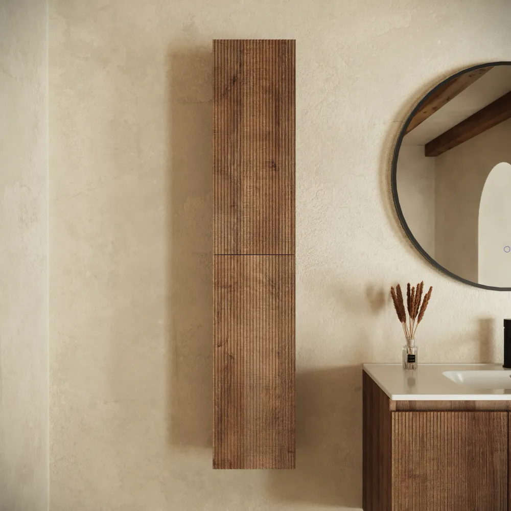 Colonna bagno sospesa cannettata 140cm rovere scuro reversibile | Pelion