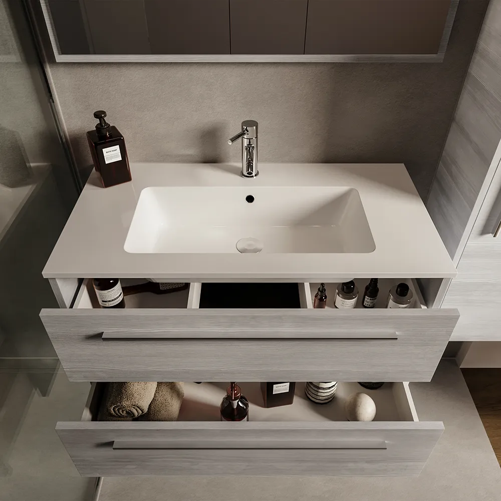 Mobile bagno sospeso 90cm rovere cenere due cassetti soft-close con lavabo e specchio | Aoki Mobile bagno sospeso 90cm rovere cenere due cassetti soft-close con lavabo e specchio | Aoki