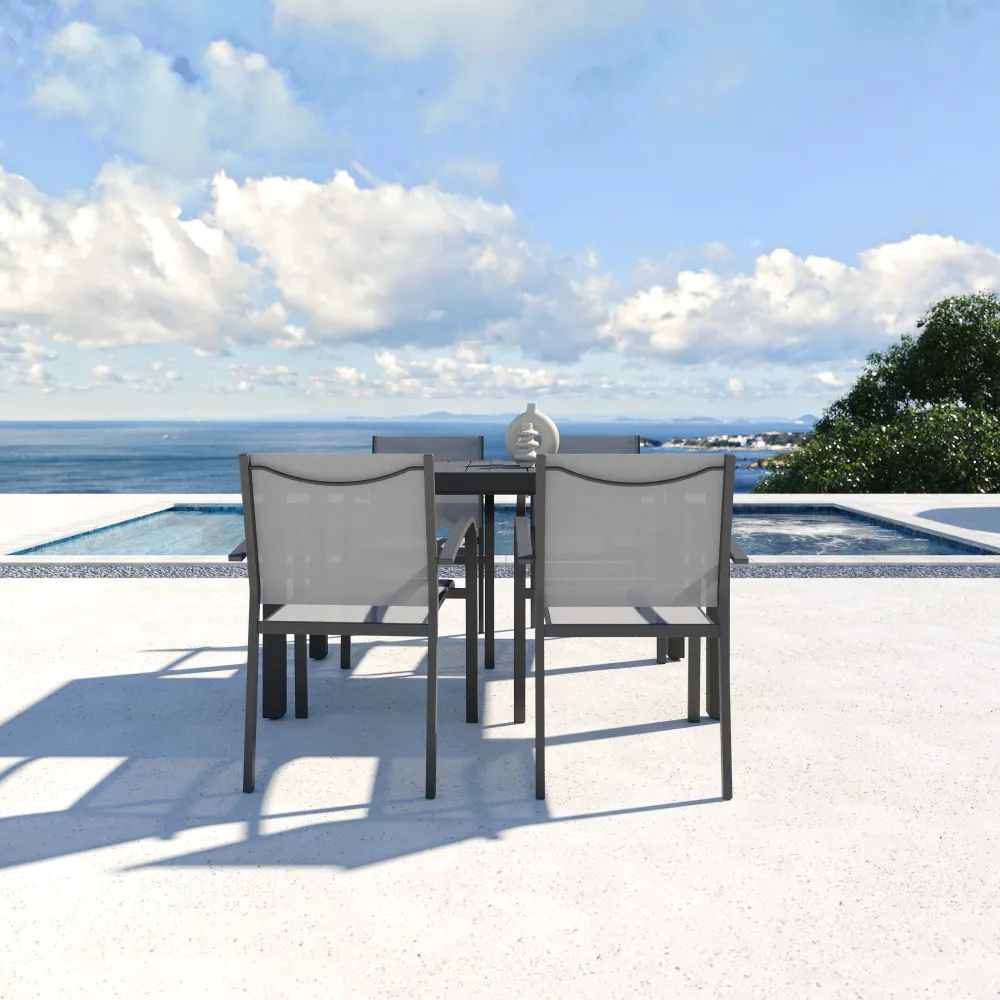 Set da esterno grigio con tavolo allungabile 140/210x75cm e 4 sedie in alluminio e textilene con braccioli tondi | Marel