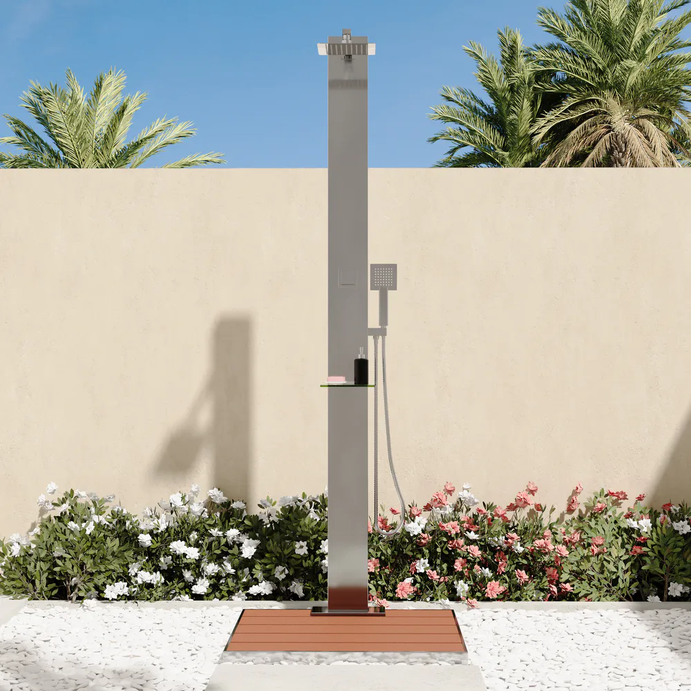 Colonna doccia da esterno cromato 2 funzioni con base in plastica effetto legno | Olmo