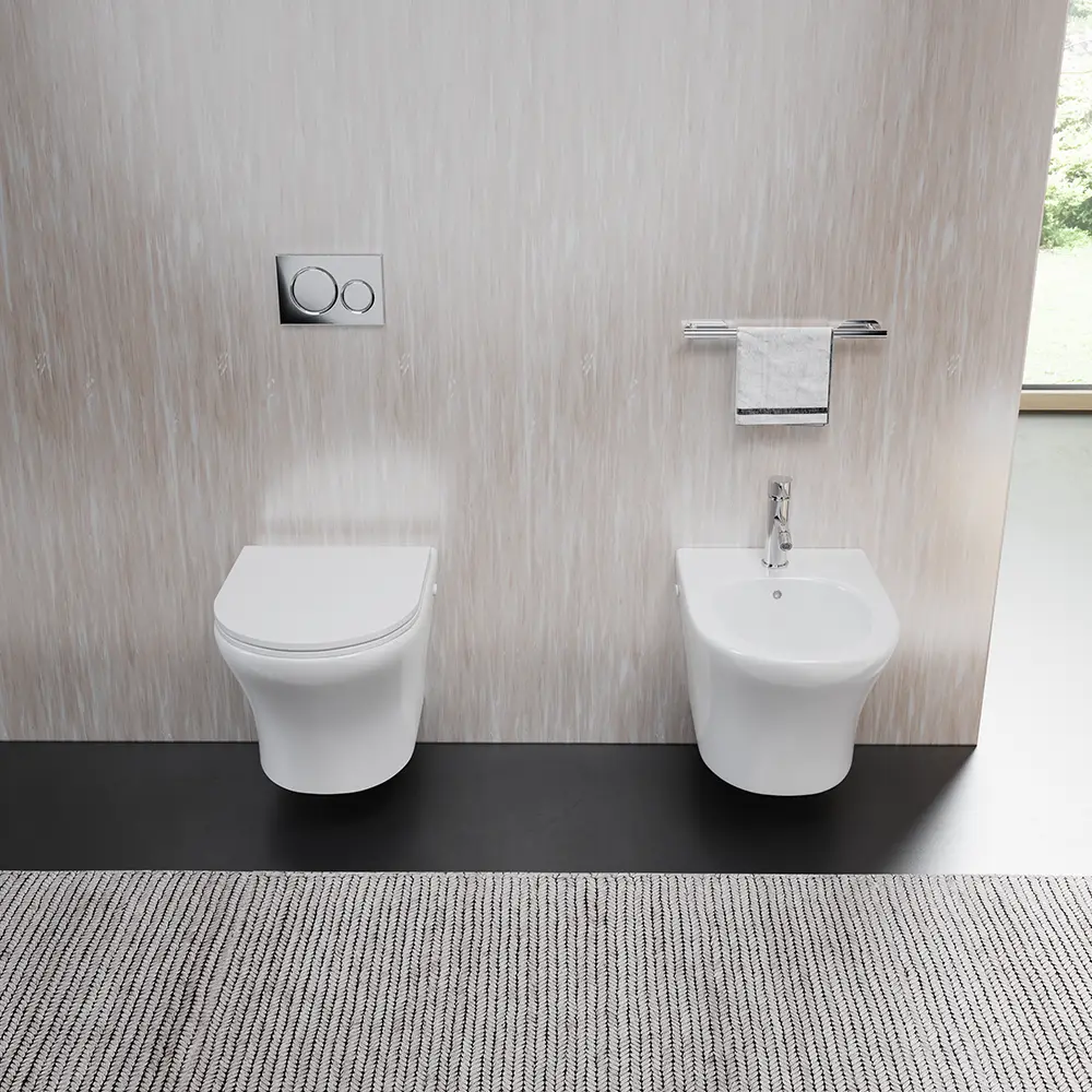 Sanitari sospesi rimless in ceramica bianco lucido: vaso bidet e copriwc soft-close | Nassau Sanitari sospesi rimless in ceramica bianco lucido: vaso bidet e copriwc soft-close | Nassau