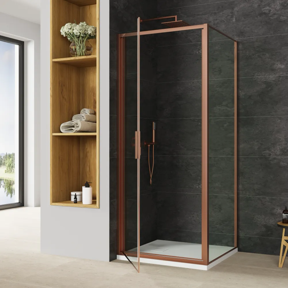 Box doccia slim 75x70cm con porta a battente e parete fissa profili rame spazzolato e vetro 6mm trasparente anticalcare h190| Portofino Box doccia slim 75x70cm con porta a battente e parete fissa profili rame spazzolato e vetro 6mm trasparente anticalcare h190| Portofino