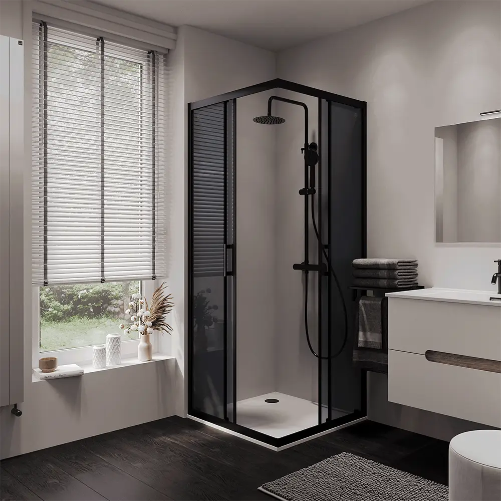 Box doccia Java apertura scorrevole con entrambi i vetri aperti profili nero opaco vetro temperato fume Box doccia Java apertura scorrevole con entrambi i vetri aperti profili nero opaco vetro temperato fume