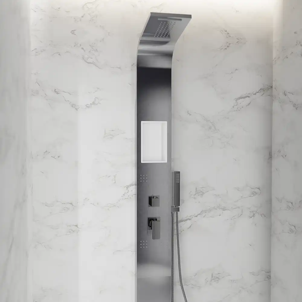Pannello doccia in acciaio spazzolato con doccino, cascata e getti idromassaggio | Baatara Pannello doccia in acciaio spazzolato con doccino, cascata e getti idromassaggio | Baatara